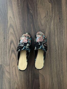 Marc Fisher Black Floral Embroidered Slip-On Mules with Pink & Teal